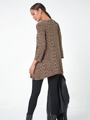 Roman Brown Abstract Linear Print Cutout Tunic Top - Image 3 of 5