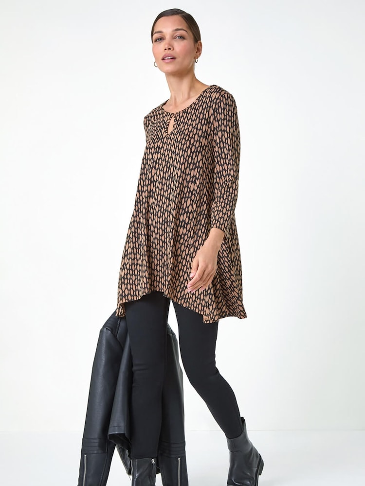 Roman Brown Abstract Linear Print Cutout Tunic Top - Image 5 of 5