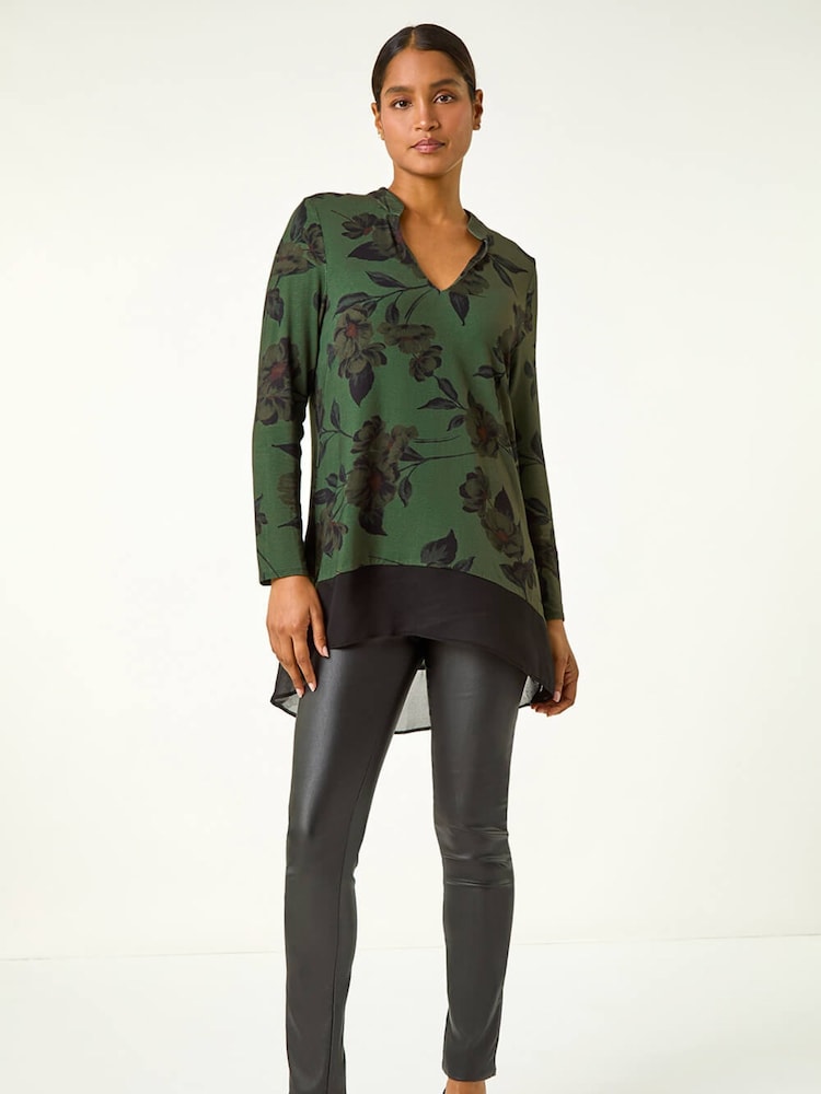 Roman Green Floral Chiffon Hem Blouse - Image 2 of 5 Roman Green Floral Chiffon Hem Blouse - Image 2 of 5