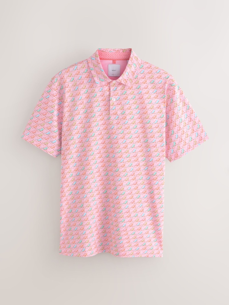 Pink Short Sleeve Button Neck Pattern Polo Shirt - Image 1 of 3