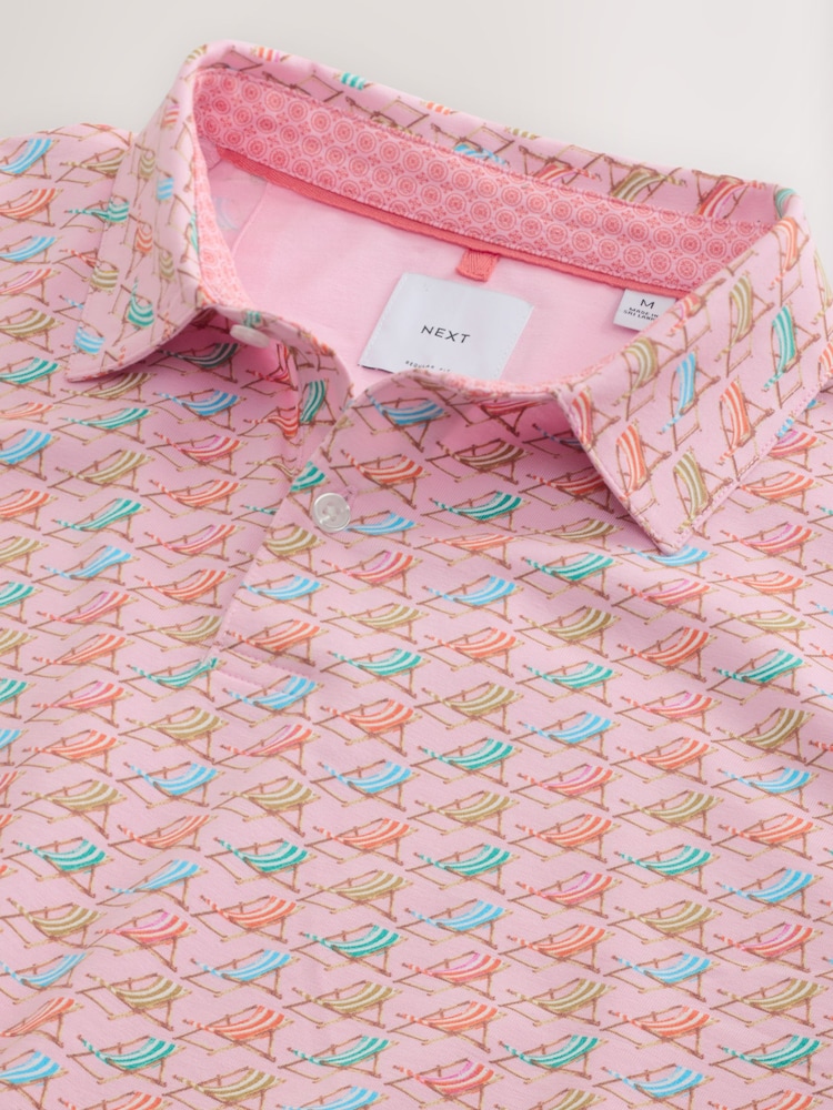 Pink Short Sleeve Button Neck Pattern Polo Shirt - Image 2 of 3