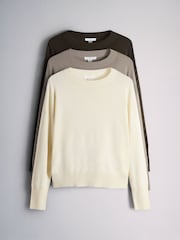 The Set 3 Pack Fine Knit Crew Neck Jumper Chocolate Brown/Light Brown/Cream - Image 1 of 6