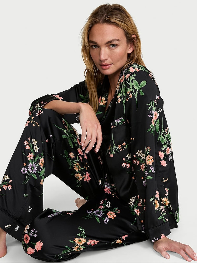 Victoria's Secret Black Floral Satin Long Pyjamas Set - Image 1 of 3