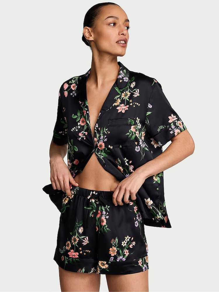 Victoria's Secret Black Floral Satin Short Pyjamas Set - Image 1 of 2