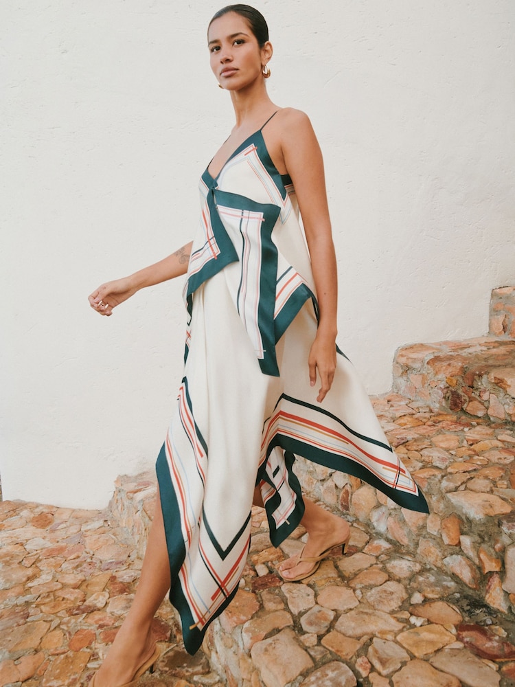 Ecru/Blue Stripe Scarf Asymmetric Hem Midi Dress - Image 1 of 5 Ecru/Blue Stripe Scarf Asymmetric Hem Midi Dress - Image 1 of 5