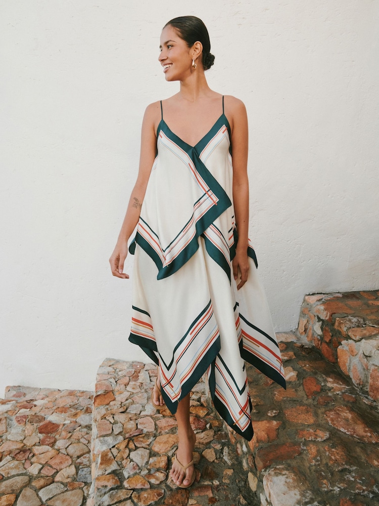 Ecru/Blue Stripe Scarf Asymmetric Hem Midi Dress - Image 2 of 5 Ecru/Blue Stripe Scarf Asymmetric Hem Midi Dress - Image 2 of 5