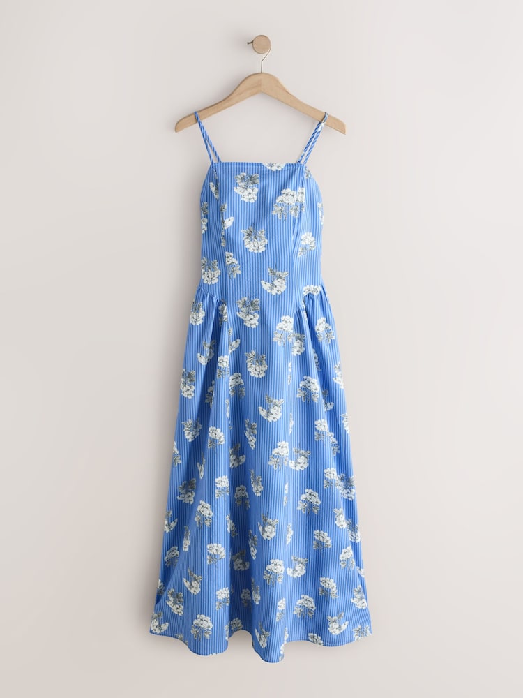 Blue Floral Cotton Rich Thin Strap Summer Dress - Image 1 of 3