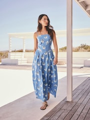 Blue Floral/Stripe Cotton Rich Thin Strap Summer Dress - Image 4 of 8