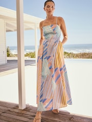 Blue/Orange Stripe Cotton Rich Thin Strap Summer Dress - Image 4 of 8