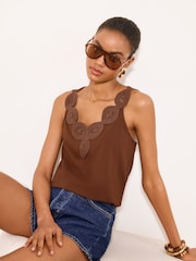 Lipsy Chocolate Brown Crochet Trim Detail Vest - Image 1 of 4