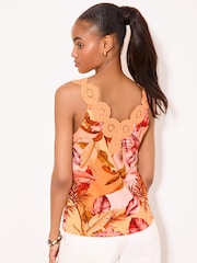 Lipsy Orange Floral Print Crochet Trim Detail Vest - Image 2 of 5