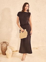 Chocolate Brown Starfish Hardware Trim - Love & Roses Asymmetric Drape Jersey Midi Dress - 画像 1 / 4