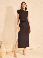 Chocolate Brown Starfish Hardware Trim - Love & Roses Asymmetric Drape Jersey Midi Dress - 画像 3 / 4