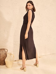 Chocolate Brown Starfish Hardware Trim - Love & Roses Asymmetric Drape Jersey Midi Dress - 画像 4 / 4