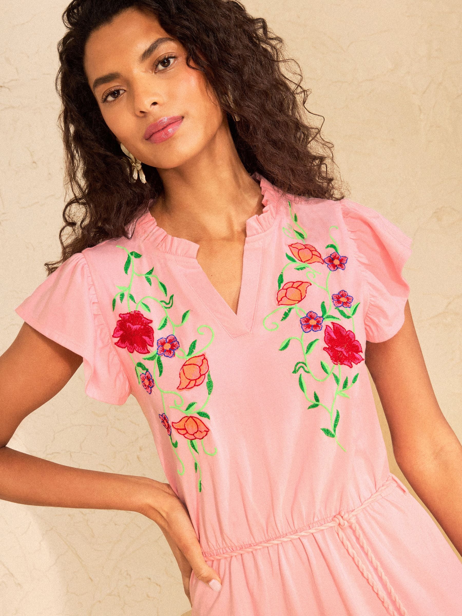 Buy Love & Roses Pink Floral Embroidered Notch Neck Belted Jersey