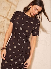 Love & Roses Chocolate Brown Foil Print Tie Side Mini Dress - Image 4 of 4