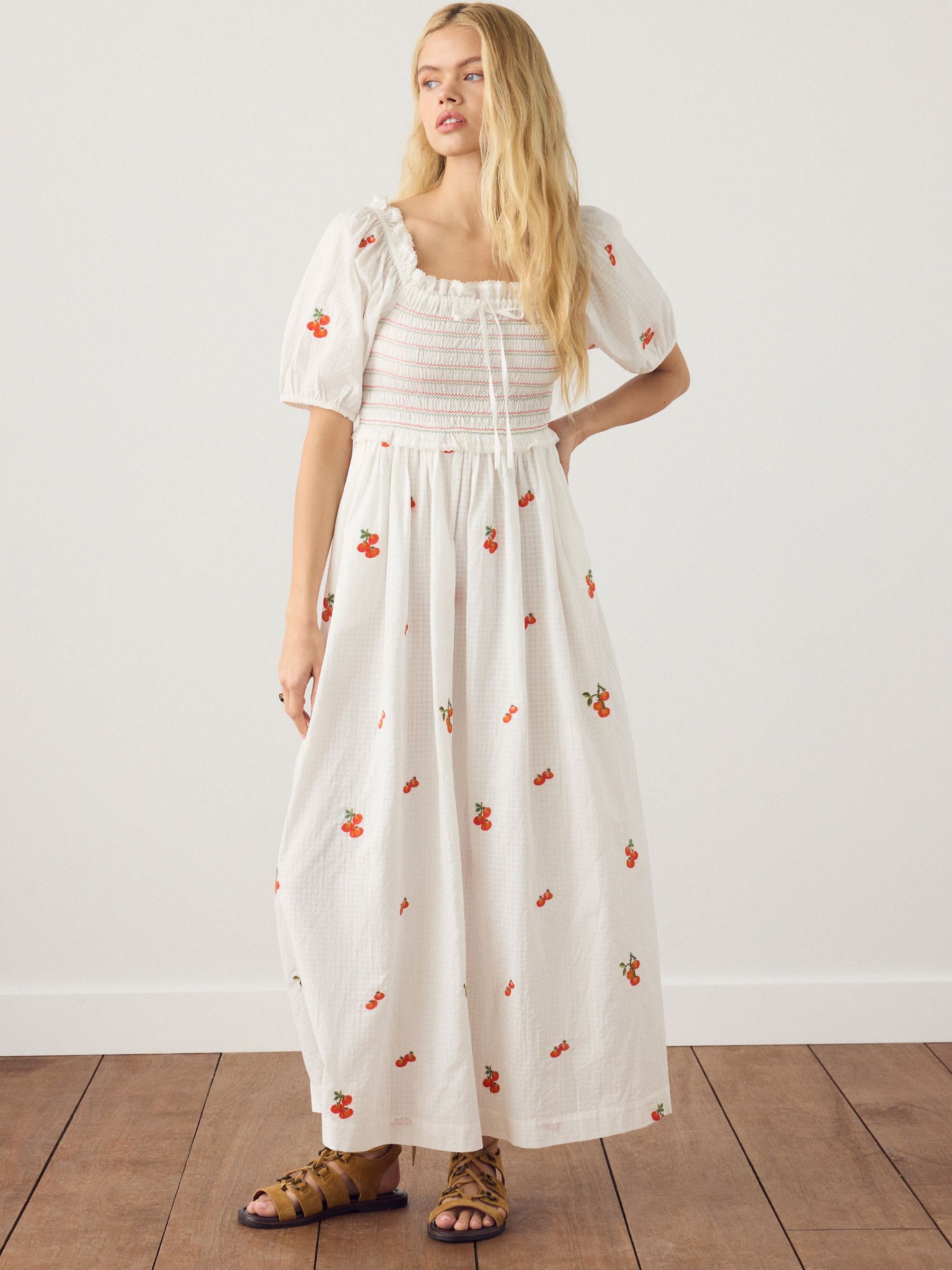 Buy White Tomato Embroidery Puff Sleeve Shirred Midi Dress from