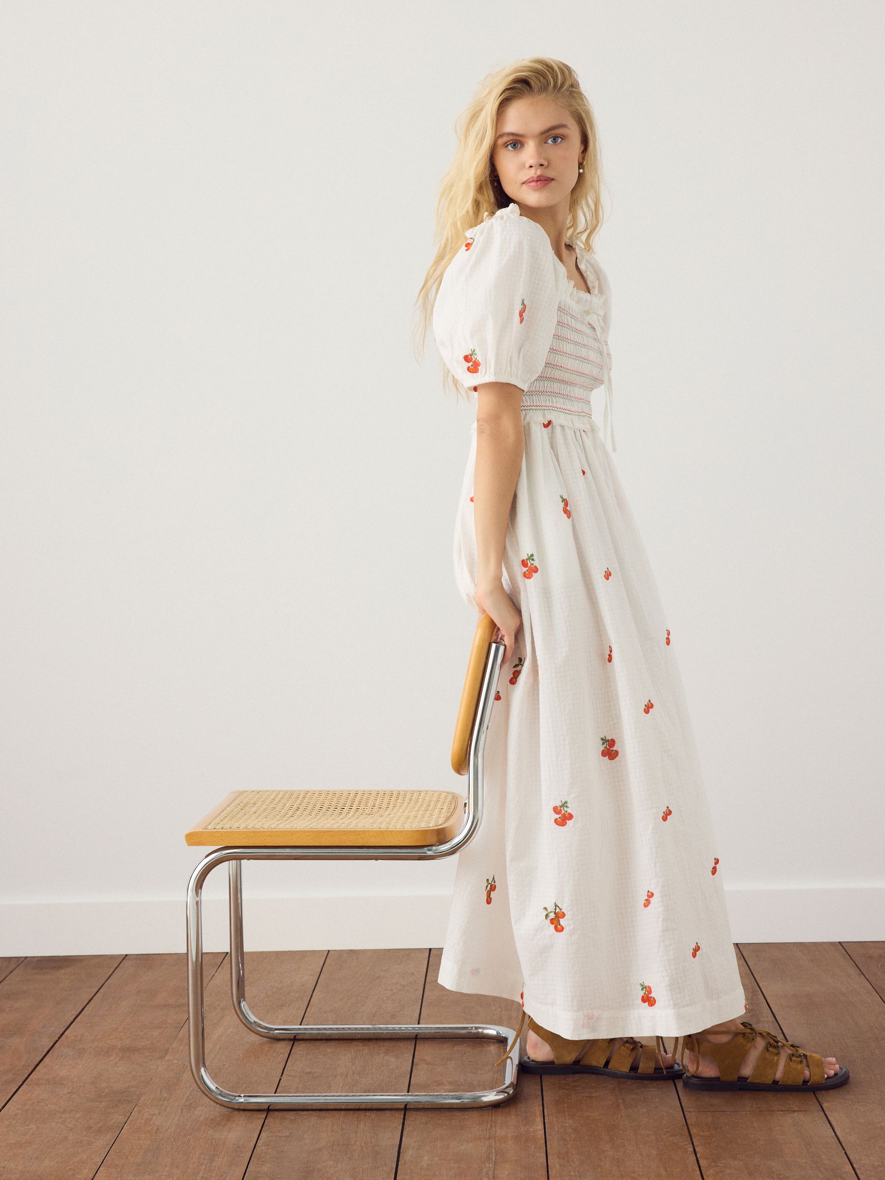 Buy White Tomato Embroidery Puff Sleeve Shirred Midi Dress from