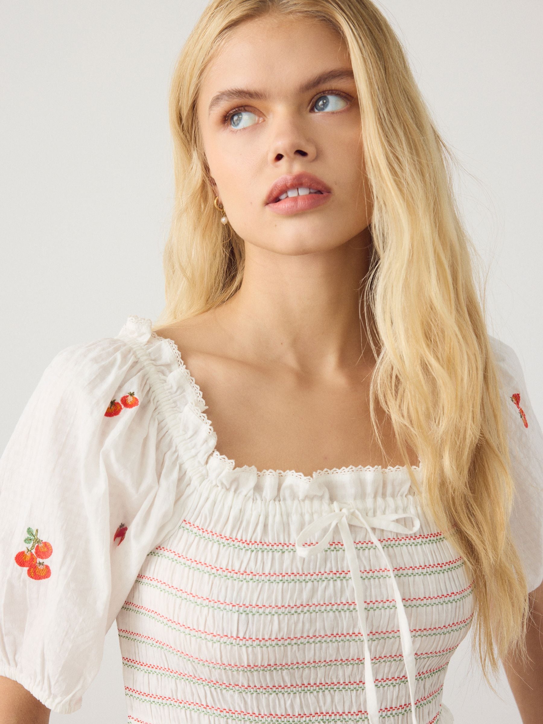Buy White Tomato Embroidery Puff Sleeve Shirred Midi Dress from