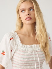 White Tomato Embroidery - Puff Sleeve Shirred Midi Dress - Picha 4 kati ya 7