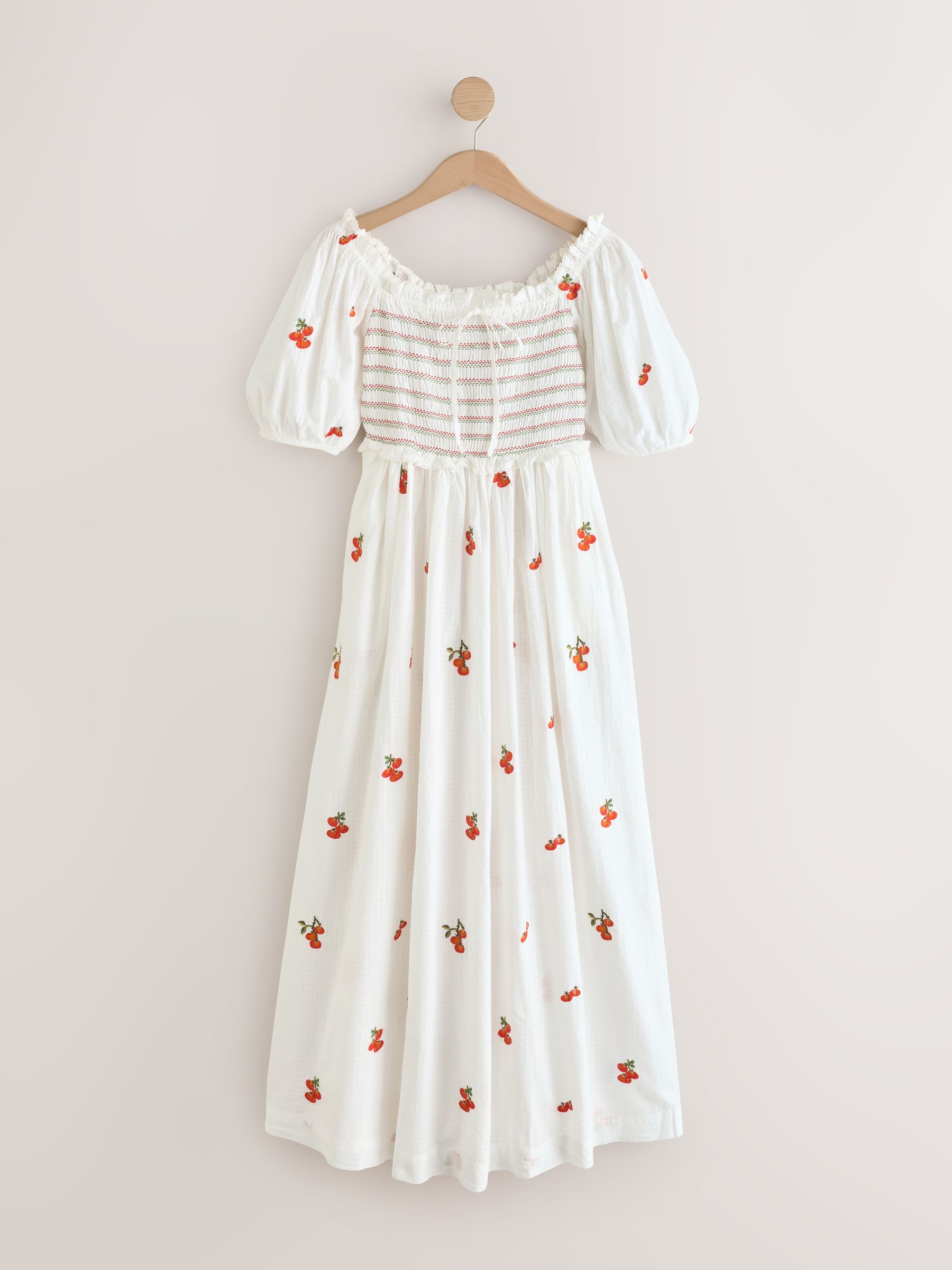 Buy White Tomato Embroidery Puff Sleeve Shirred Midi Dress from