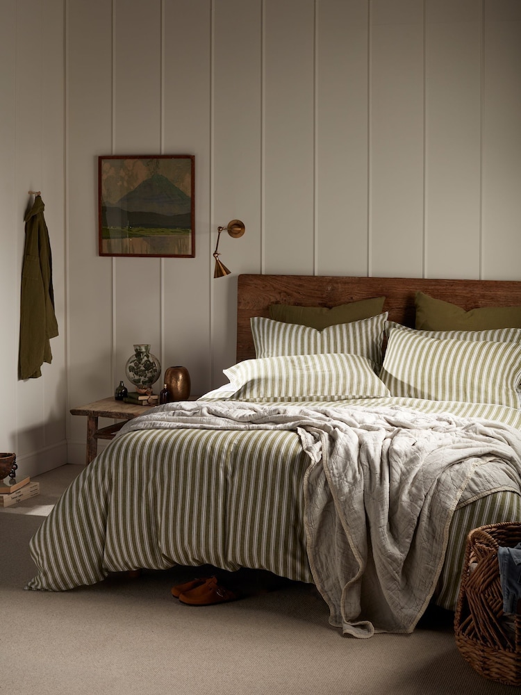 Secret Linen Store Olive Green Fred Stripe Brushed Duvet Cover - Image 1 of 5 Secret Linen Store Olive Green Fred Stripe Brushed Duvet Cover - Image 1 of 5
