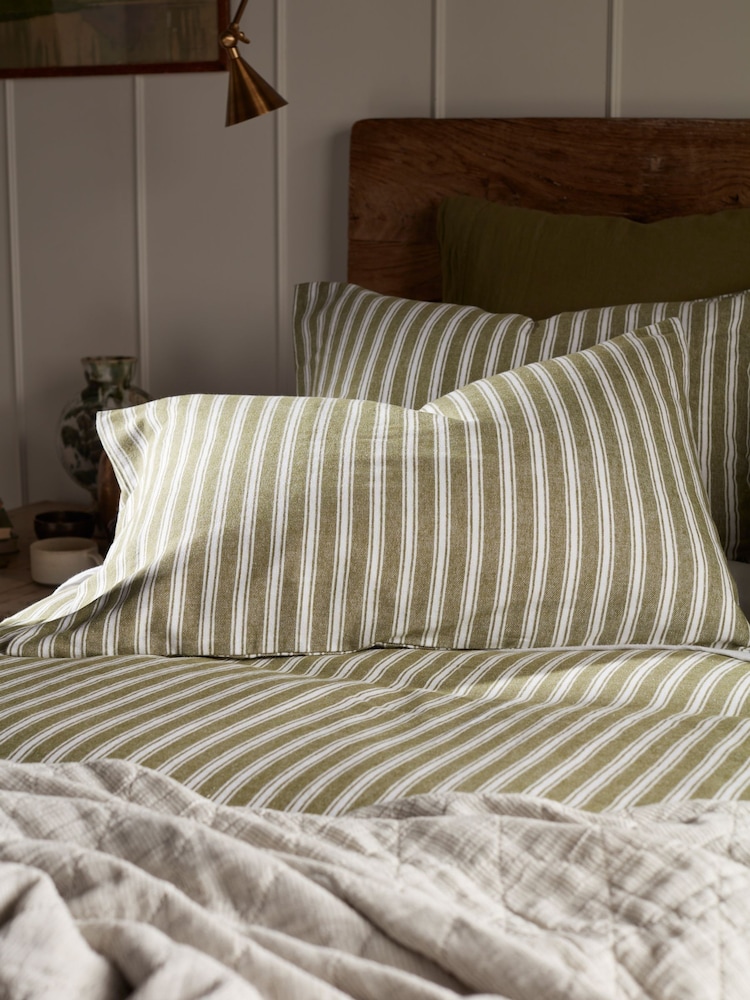 Secret Linen Store Olive Green Fred Stripe Brushed Pillowcase - Image 1 of 5 Secret Linen Store Olive Green Fred Stripe Brushed Pillowcase - Image 1 of 5