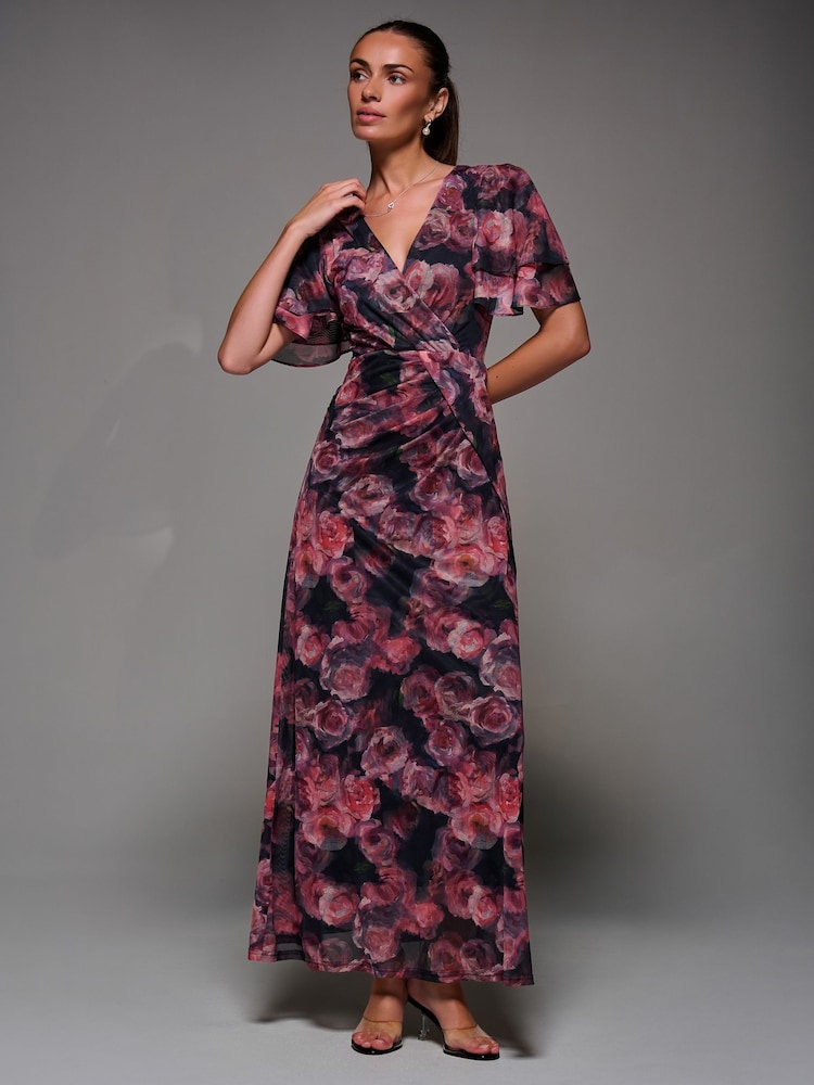 Jolie Moi Pink Angel Sleeve Draped Mesh Maxi Dress - Image 1 of 6