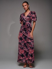 Jolie Moi Pink Angel Sleeve Draped Mesh Maxi Dress - Image 5 of 6