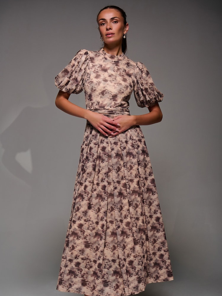 Jolie Moi Natural Puffy Sleeve Printed Mesh Maxi Dress - Image 1 of 6 Jolie Moi Natural Puffy Sleeve Printed Mesh Maxi Dress - Image 1 of 6