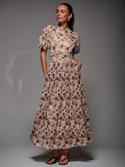 Naravni - Jolie Moi Puffy Sleeve Printed Mesh Maxi Dress - Slika 3 iz 6