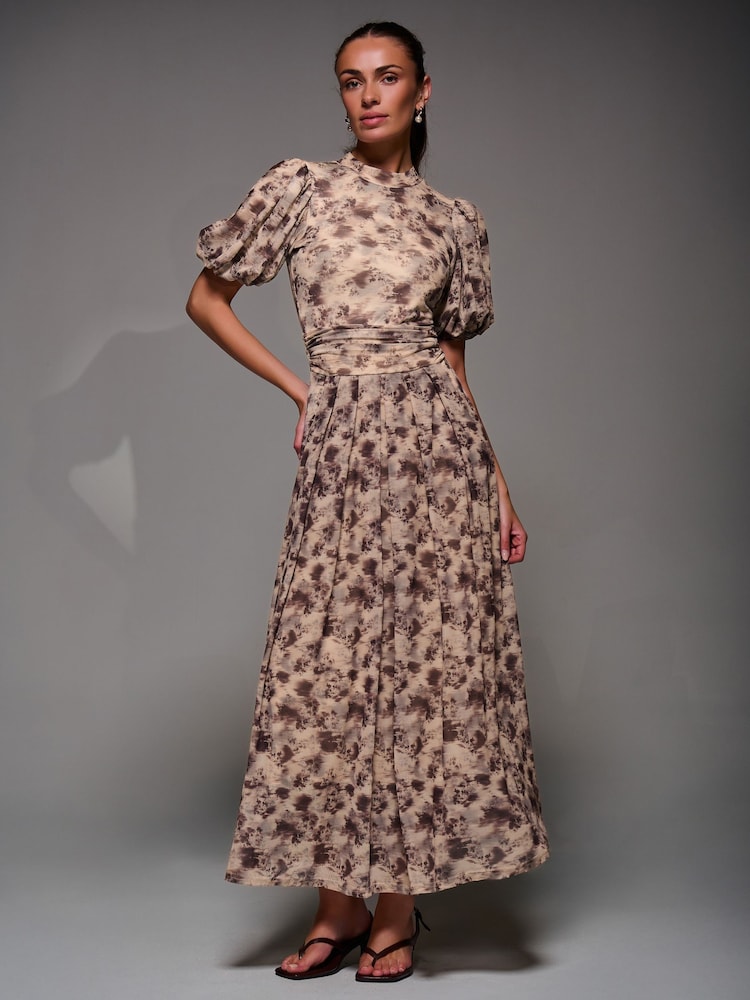 Naravni - Jolie Moi Puffy Sleeve Printed Mesh Maxi Dress - Slika 6 iz 6