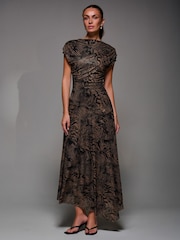 rjava - Jolie Moi Asymmetrical Draped Slash Neck Midaxi Dress - Slika 6 iz 6