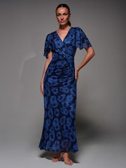Jolie Moi Blue Angel Sleeve Draped Mesh Maxi Dress - Image 1 of 5