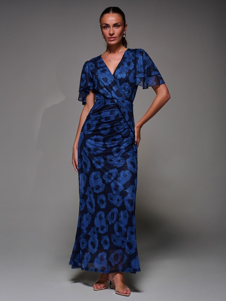 Jolie Moi Blue Angel Sleeve Draped Mesh Maxi Dress - Image 1 of 5