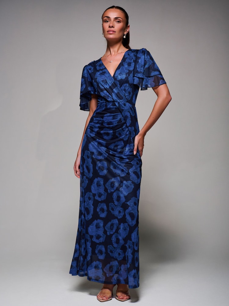 Jolie Moi Blue Angel Sleeve Draped Mesh Maxi Dress - Image 6 of 6