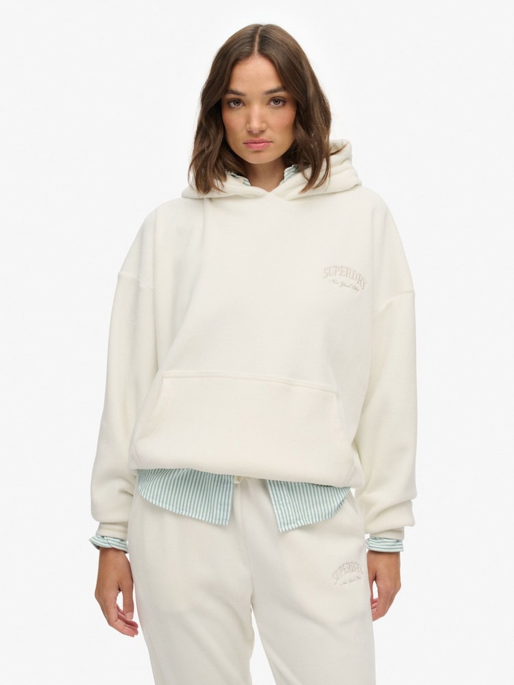 Superdry White Country Club Velour Relaxed Hoodie - Image 1 of 7 Superdry White Country Club Velour Relaxed Hoodie - Image 1 of 7