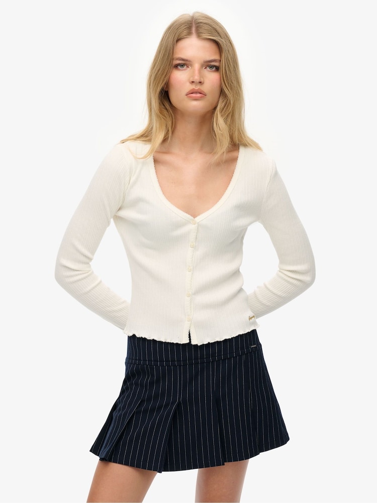 Superdry White Essential Button Through Long Sleeve Top - Image 1 of 6 Superdry White Essential Button Through Long Sleeve Top - Image 1 of 6
