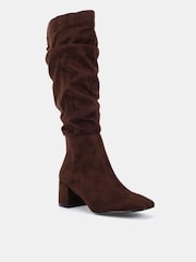 rjava - Novo Wide Fit Geri Block Heel Square Toe Ruched Knee Boots - Slika 3 iz 6