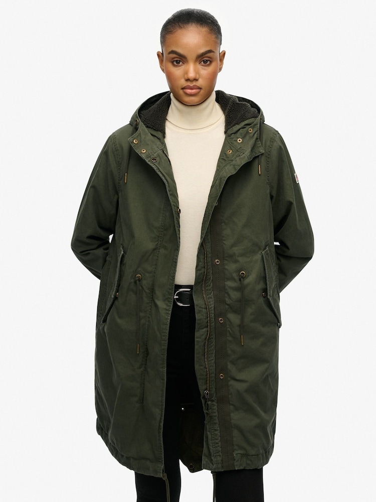 Superdry Green Military Borg Fishtail Parka - Image 1 of 8