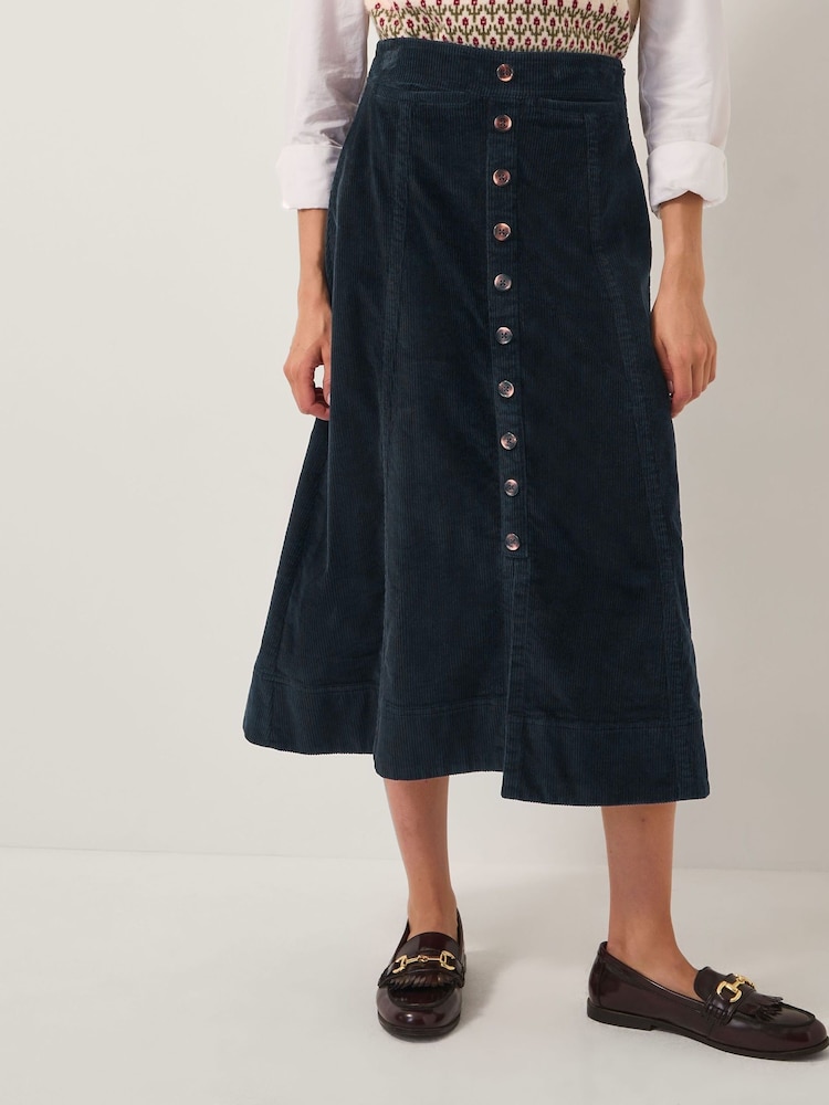 Monsoon Blue Jamie Button Corduroy Midi Skirt - Image 2 of 5