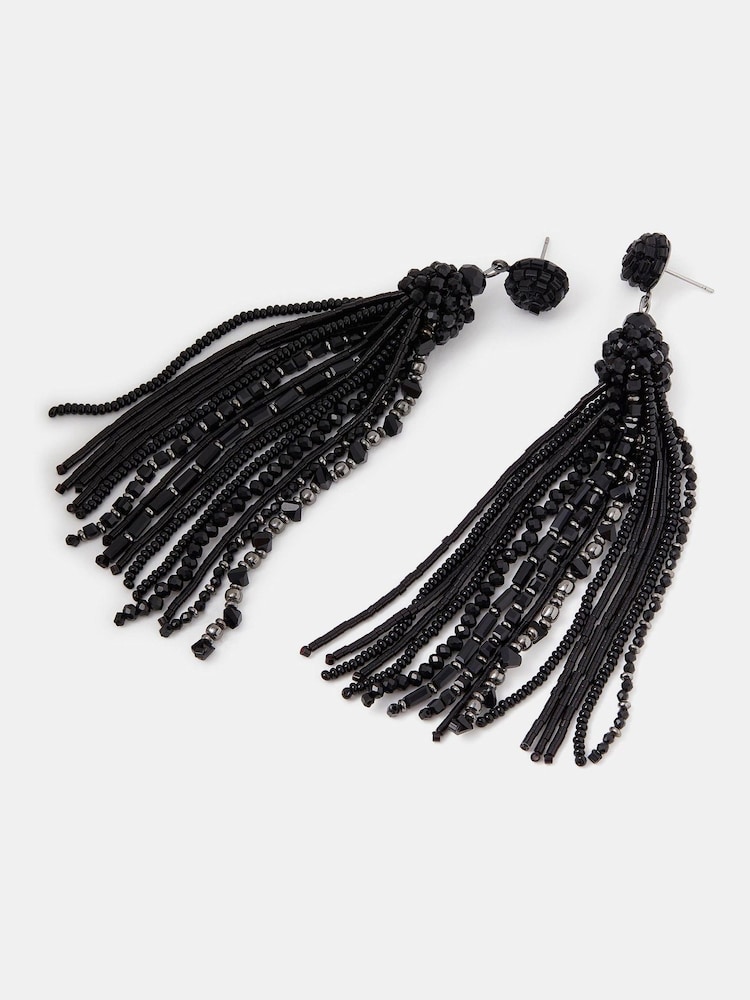 Accessorize Black Bead Tassel Drop Earrings - Image 3 of 3