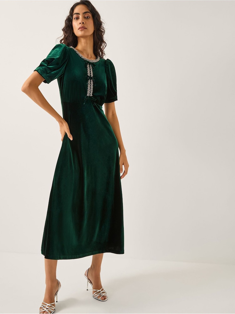 Monsoon Green Celeste Embellished Bow Velvet Midi Dress - Image 1 of 5