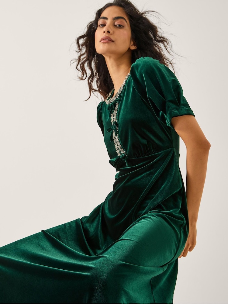 Womens Monsoon Green Celeste Embellished Bow Velvet Midi Dress US 6