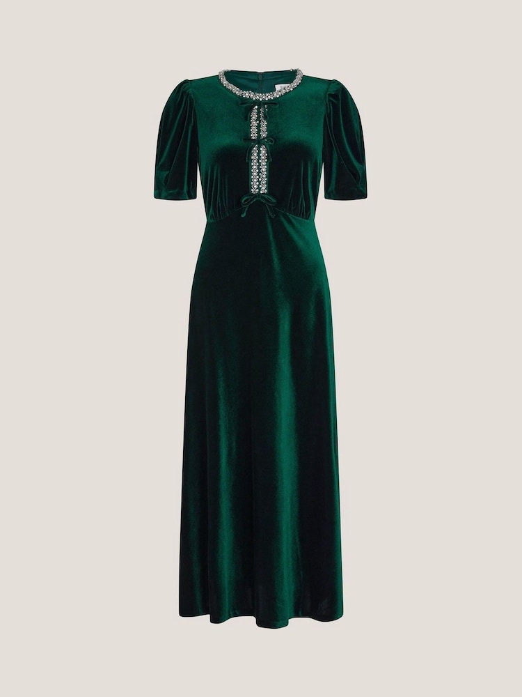 Monsoon Green Celeste Embellished Bow Velvet Midi Dress - Image 5 of 5