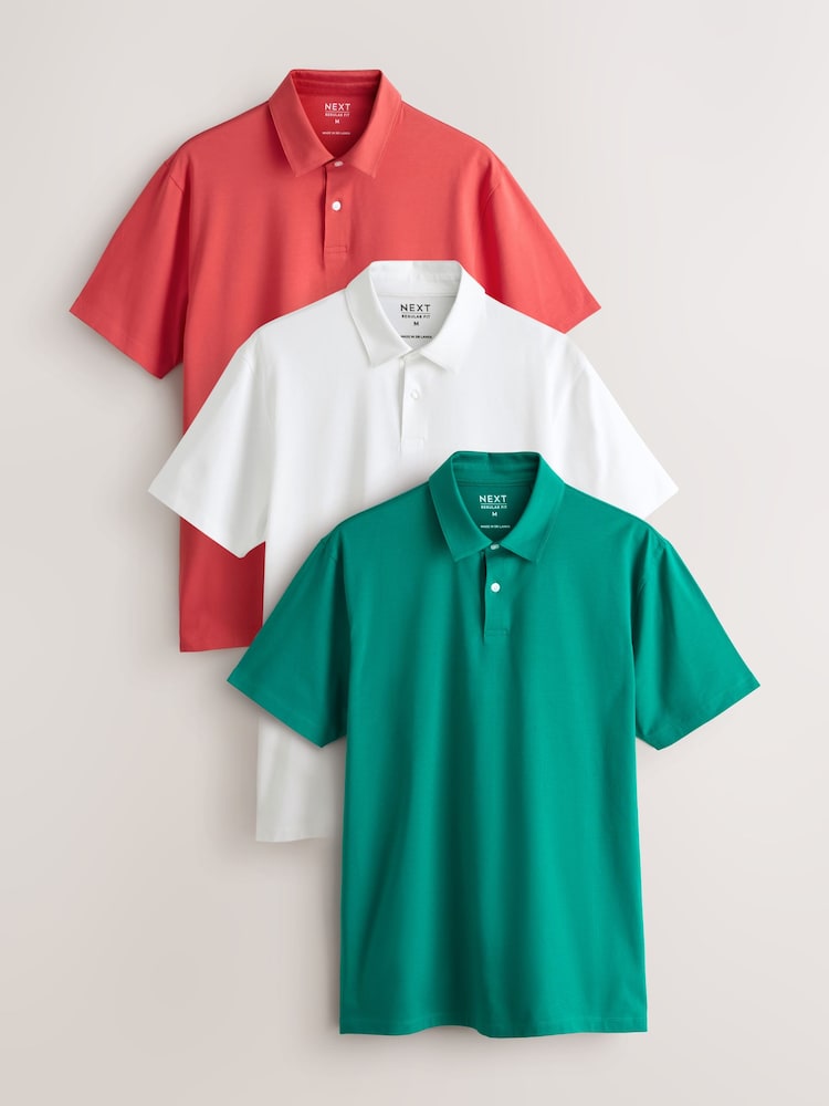Red/Teal/White Plain Short Sleeve Jersey Polo Shirts 3 Pack - Image 1 of 6 Red/Teal/White Plain Short Sleeve Jersey Polo Shirts 3 Pack - Image 1 of 6