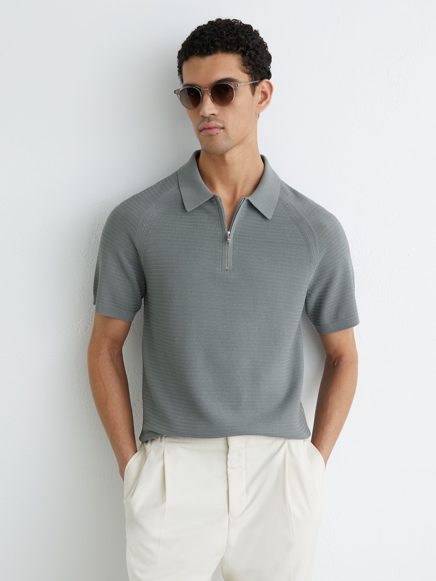 Buy Reiss Sage Estate Textured-Knit Half-Zip Polo Shirt from the