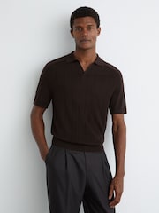 Reiss Chocolate Brown Chelmsford Merino Wool Wide-Rib Polo Jumper - Image 1 of 6