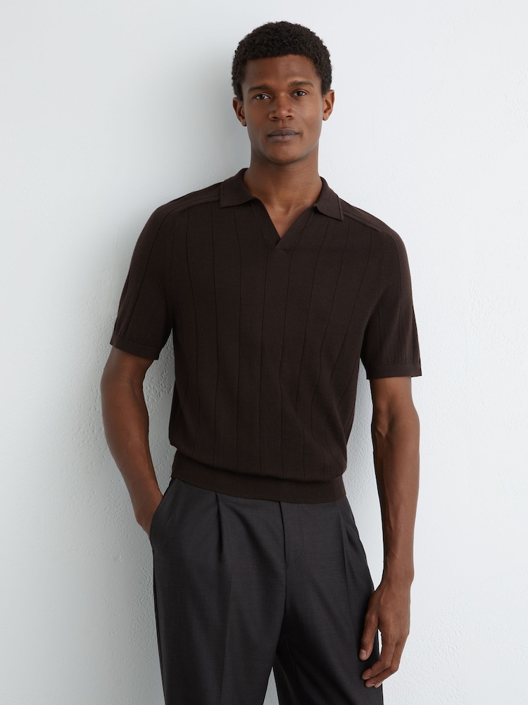 Reiss Chocolate Brown Chelmsford Merino Wool Wide-Rib Polo Jumper - Image 1 of 6