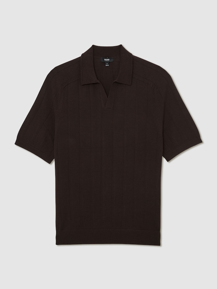 Reiss Chocolate Brown Chelmsford Merino Wool Wide-Rib Polo Jumper - Image 2 of 6